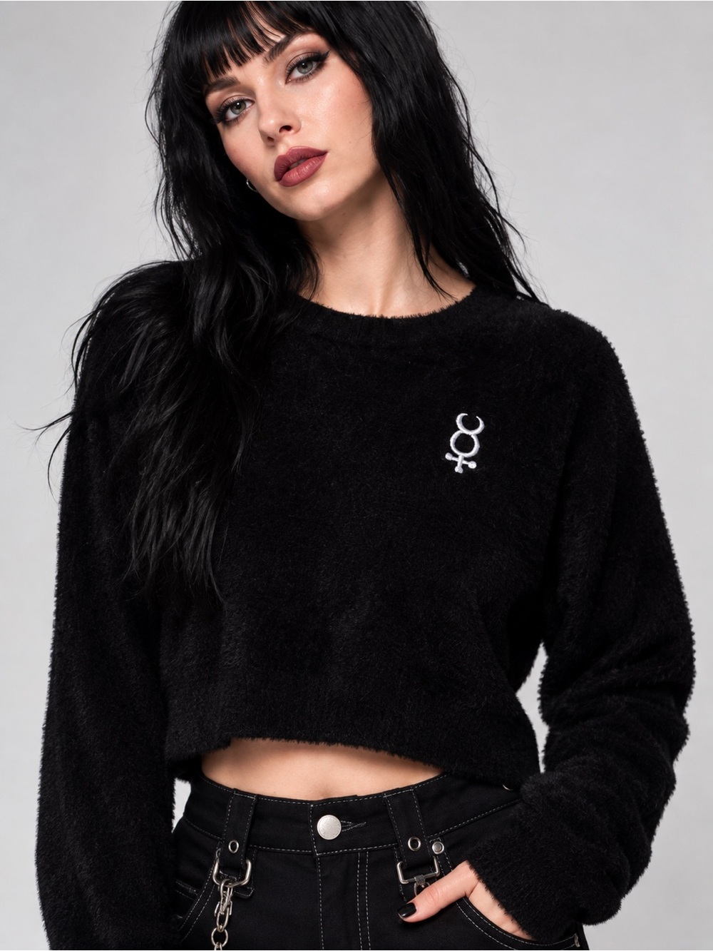 Disturbia Mercury Fluffy Crop Jumper Black Goth Sweater